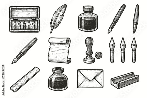 Nibs calligraphy icons pen stamp vector rest icon writing bottle essentials scroll