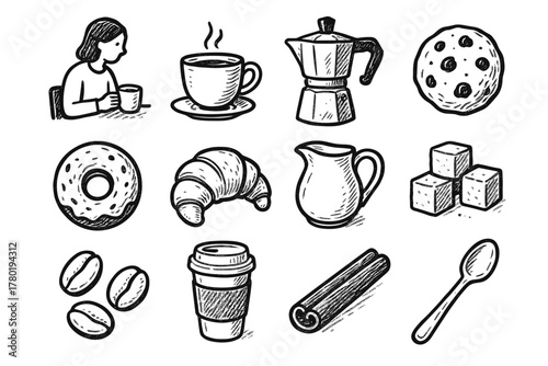 Coffee cup takeaway donut afternoon icon set espresso pot pitcher beans vector