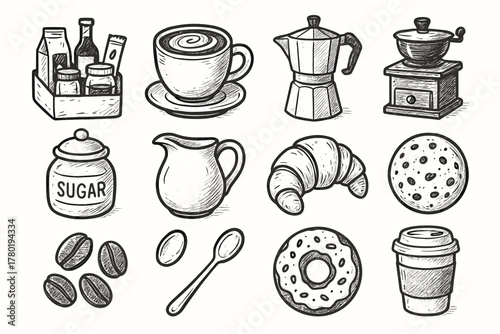 Coffee milk icons sugar mug beans essentials cookie croissant icon cup vector