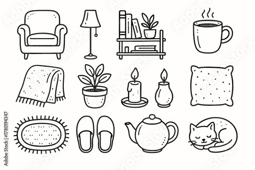 Rug pot lamp room icon armchair cushion candle cozy vector icons plant