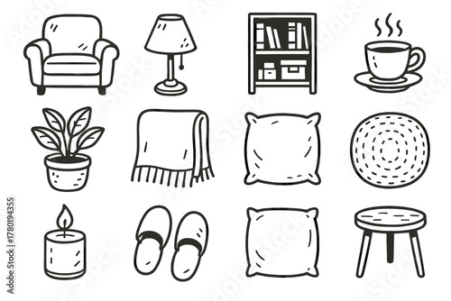 Icons vector lamp small cup candle icon warm tea room plant slippers