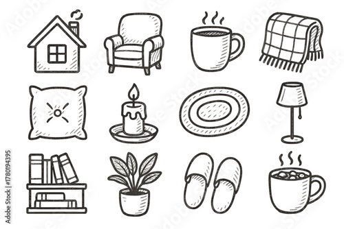 Chair plant room rug cozy slippers cushion icons cup cocoa icon vector
