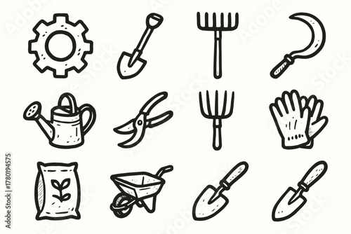 Vector bag watering rake rustic wheelbarrow icons farm tools seed shears trowel