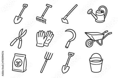 Tools icons gloves vector spade hoe icon pitchfork watering sickle bucket shears