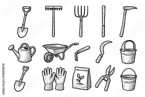 Can vector icons icon pruning rake sickle farm hoe watering spade shovel