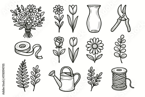 Scissors vector icon vase watering floral rose set ribbon daisy tulip flower