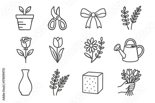 Hand vase icon eucalyptus grid bouquet watering rose foam vector icons florist