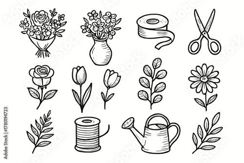 Tulip set spool scissors romantic icon roll daisy vase vector floral leaf