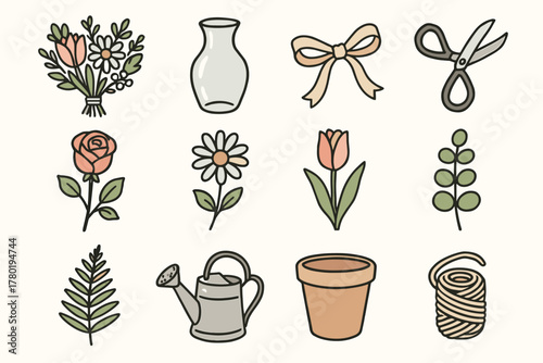 Vector eucalyptus ribbon vase icon floral daisy spring rose icons arrangement bouquet