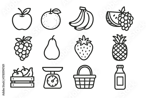 Watermelon vector pear banana icon fruit grapes collection strawberry bottle basket fruits