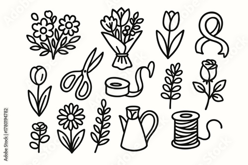 Eucalyptus floral fern flowers vector vase icon set watering spool rose scissors