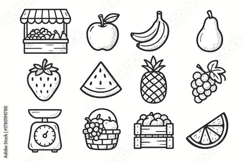 Apple grapes icon weighing market vector fruit basket crate watermelon stand icons
