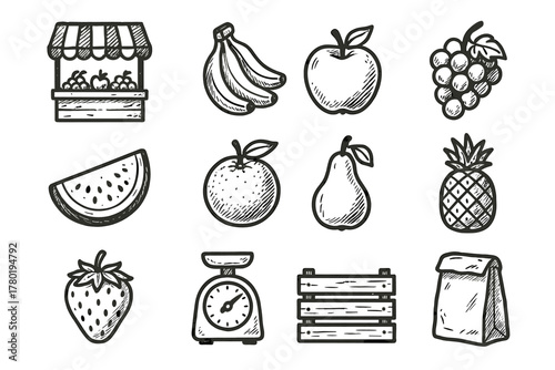 Vector orange bunch bag watermelon pear weighing market stand fruit crate icon