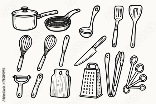 Kitchen utensil tongs vector skillet icons icon spoon cutting saucepan grater measuring