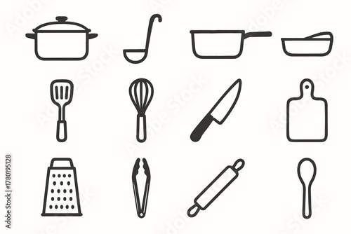 Minimalist cookware board knife icon vector grater rolling spatula kitchen icons ladle