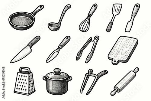 Ladle icon tongs frying utensil pan vector culinary knife kitchen grater board