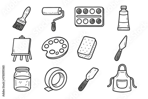 Jar icons tube painting canvas tools sponge roller water mixing paint vector