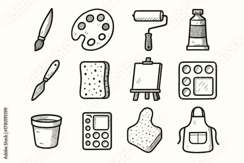 Easel vector tray paint icon scraper tube painting tools apron roller essentials
