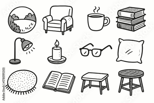 Coffee reading calm lamp vector glasses small pillow corner icons icon rug