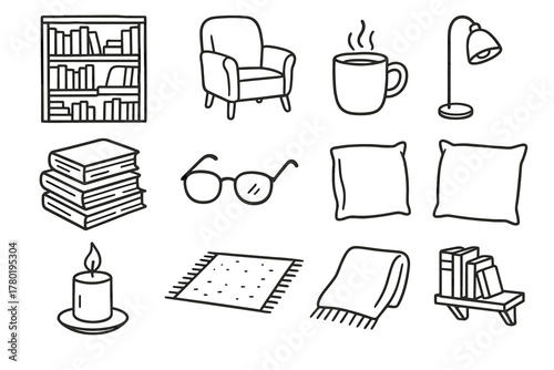 Blanket cozy icons stack corner reading candle tea vector library chair icon
