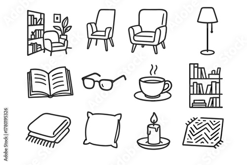 Vector icon space glasses cup reading icons cozy candle chair study