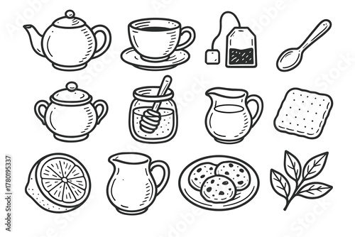 Vector jug teacup milk cookie time plate biscuit icons tea icon teapot