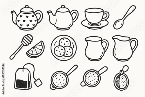 Cookie icons wedge time strainer icon jug honey sugar tea saucer vector