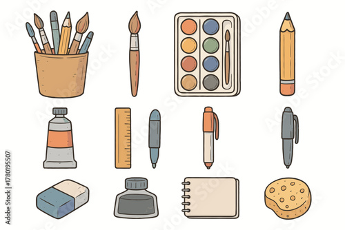 Eraser sketchbook art paint vector watercolor paintbrush bottle palette icons materials pen