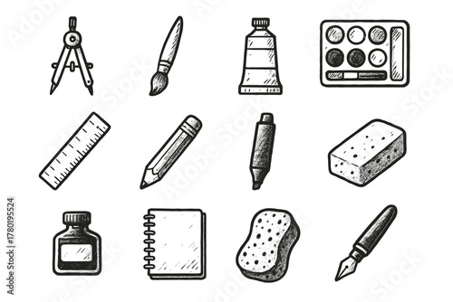 Watercolor icon bottle eraser marker palette icons paintbrush materials vector ruler design
