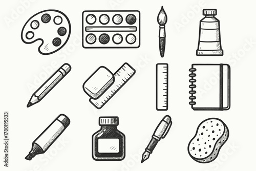 Pencil palette watercolor art materials collection sketchbook pen vector eraser icon artistic