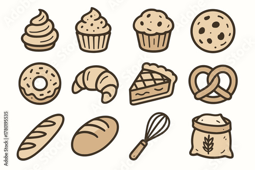 Treats sweet bakery pie baguette pretzel vector goods croissant flour muffin icons