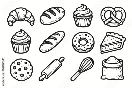 Bread loaf muffin cookie flour pie bakery icon baguette vector whisk set