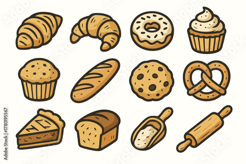Pretzel icon bread icons croissant vector flour pastry bakery scoop collection baguette