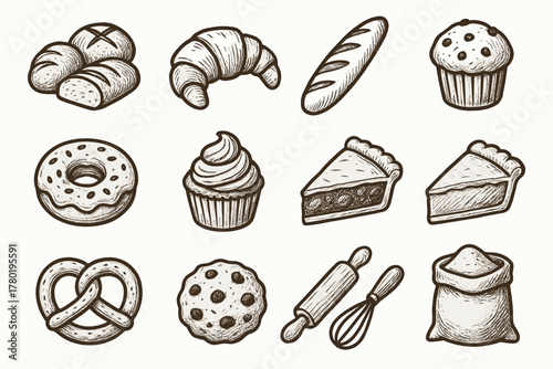 Flour pretzel slice icon donut set bakery vector croissant bag rolling baguette