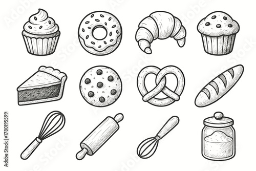 Icon cookie rolling bakery muffin flour sweet set donut vector baguette pie
