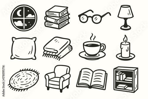 Icon glasses reading rug shelf small evening cup armchair book vector cozy
