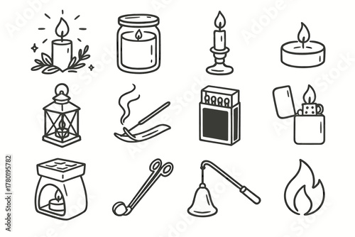 Jar candlestick set lantern candlelight matchbox snuffer lighter icon trimmer vector tealight