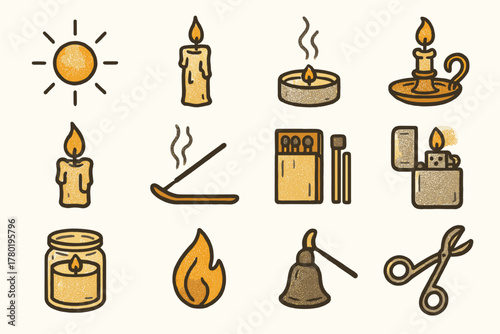 Holder candle wick matchbox set incense glow warm icon vector trimmer