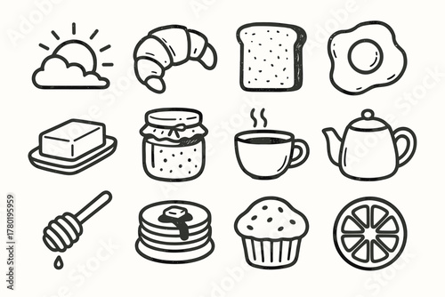Cozy egg icon jam dipper cup icons slice muffin croissant vector honey