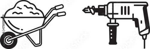 Minimalist Line Art Icons: Wheelbarrow with Material and Power Drill