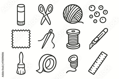 Yarn supplies icons icon swatch craft tools scissors vector ruler knife tape