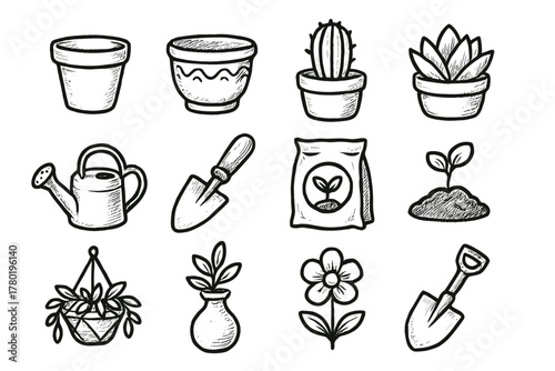 Vector trowel vase sprouting garden bag icon collection small planter soil pot