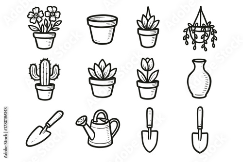 Vase pot icon hanging cactus vector flower scoop clay trowel watering