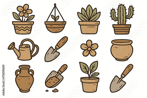 Ceramic vector cactus icon decorative collection garden scoop watering planters soil succulent
