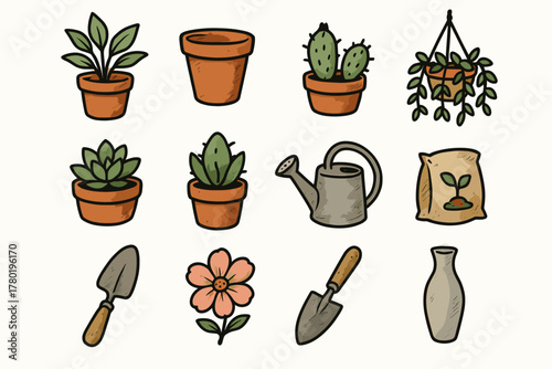 Clay greenery vector floral flower set vase trowel planter icon pot watering
