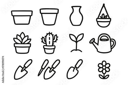 Vector vase succulent planters soil plant set icon leaf trowel pot clay