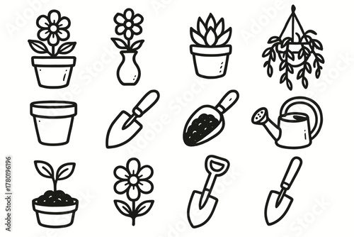 Garden shovel watering leaf collection scoop bloom pot sprout blooming icon vector