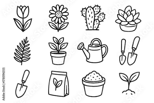 Seed vector collection tulip can plant garden shovel leaf icon soil