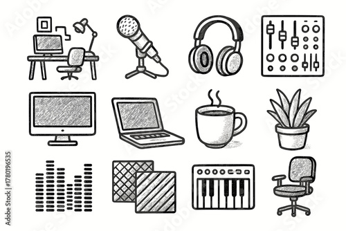 Monitor icon headphones panels cup laptop vector keyboard icons studio workspace coffee