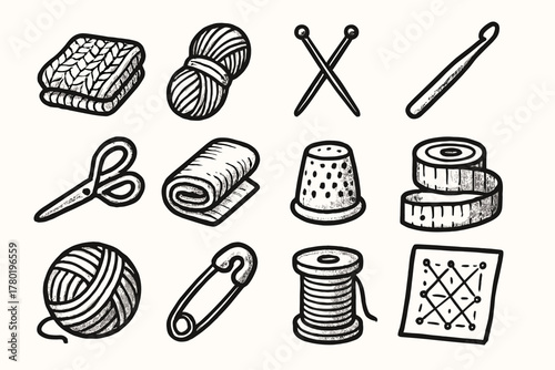 Vector spool sheet knitting pin fabric yarn tape set safety thread icon